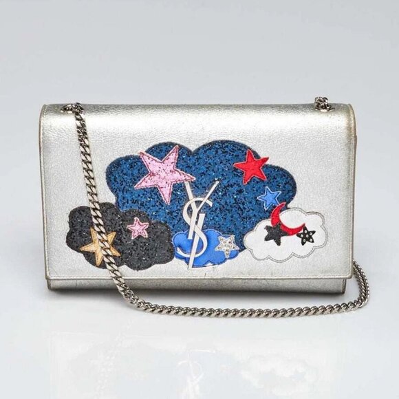 Yves Saint Laurent Silver Leather Cloud Star Monogram Medium Kate Flap Bag - Picture 1 of 12